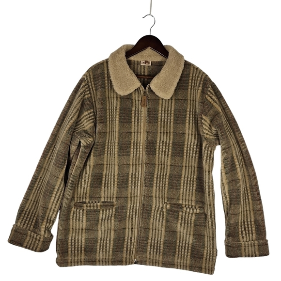 Woolrich L Sherpa Jacket Shaket Brown Blue Plaid Full Zip Front - Picture 3 of 13